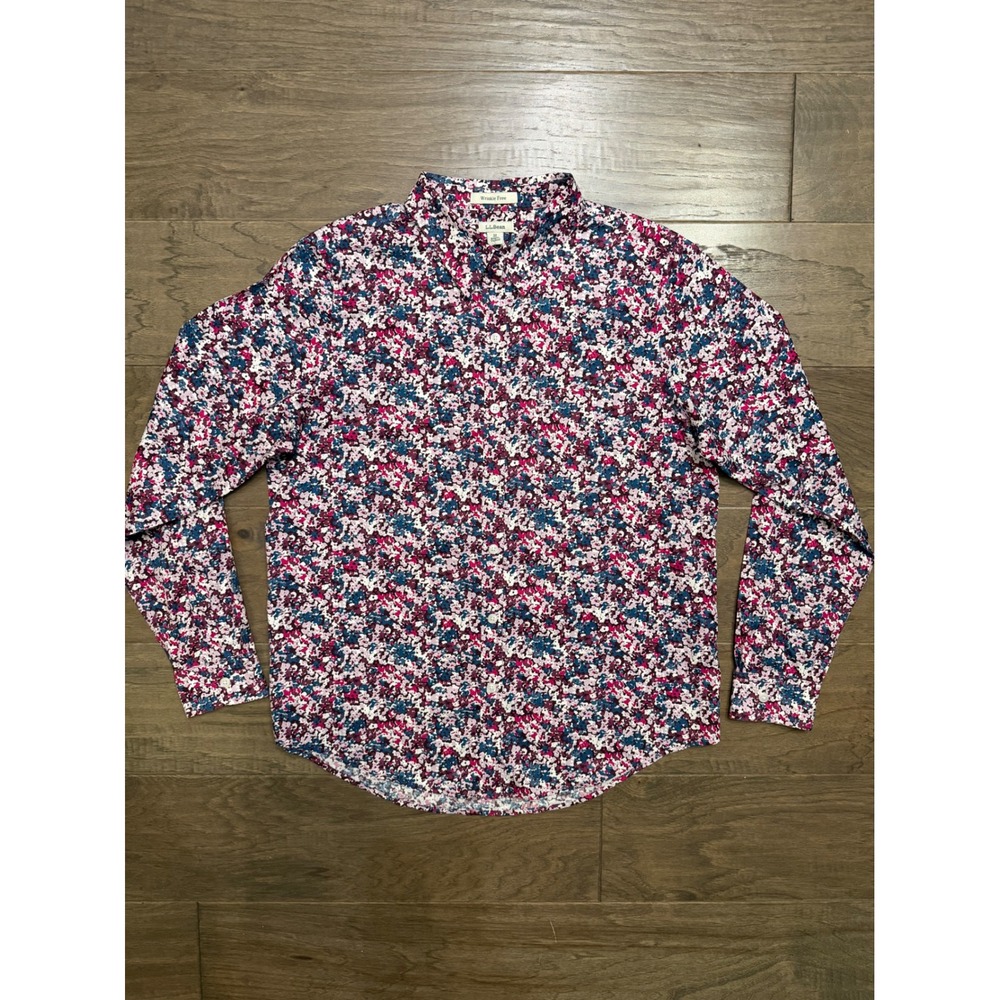 L.L.Bean Button Down Shirt Womens M Multicolor Cotton Floral Wrinkle Free Top